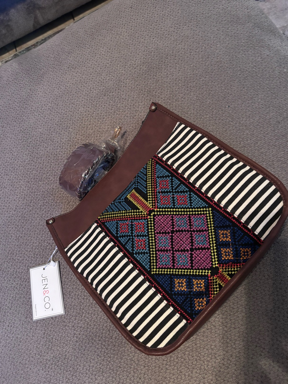 JEN & CO Brown Crossbody Bag with Colorful Embroidered Front Panel